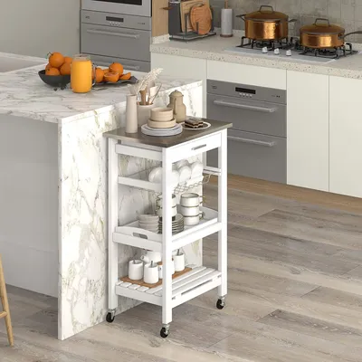 Zdjęcie produktu dla Wózek kuchenny na kółkach z półkami, szufladą, koszem do przechowywania, wózek do serwowania wykonany ze stali i nogami z drewna sosnowego, nowoczesny styl do kuchni i salonu, 47 x 39 x 85 cm, biały