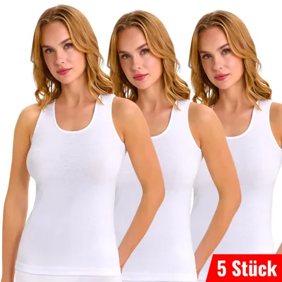 Produktbild von 5er Pack Damen Unterhemd Achselhemd Tank-Top Feinripp 100% Baumwolle Weiß Größe S bis 3XL