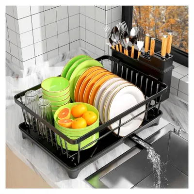 Produktbild von Geschirrabtropfgestell, platzsparendes Design für die Küchenarbeitsplatte mit Utensilienhalter, Schwarz