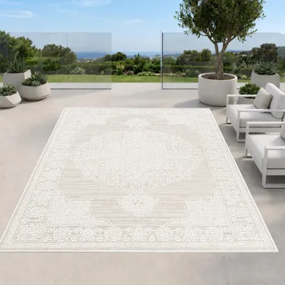 Productafbeelding van Beige/crème vloerkleed met grafisch vintage design, geschikt voor binnen en buiten, afmetingen: 300 x 400 cm