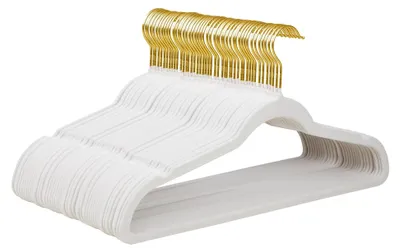 Produktbild von Samt-Kleiderbügel mit drehbarem Goldhaken, rutschfest und platzsparend, für Jacken, Pullover, Hemden, Kleider und Hosen (48 Stück, Weiß)