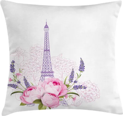 Produktbild von ABAKUHAUS Blumen Kissenbezug, Paris Romantische Grafik des Eiffelturms und Blumen Frühling Blooming, 50 x 50 cm, Lavendel und Mehrfarbig