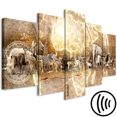 Produktbild von Akustikbild Tiere 200x100 cm Bilder Akustikschaum Hochleistungsschallabsorber Schallschutz Leinwand 5 tlg Wandbild Raumakustik Schalldämmung Afrika Weltkarte g-C-0312-b-m