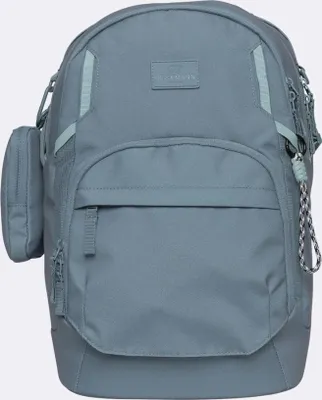 A front view of a blue backpack with a small attached pouch on the left side.