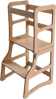 Imagen del producto de Torre de aprendizaje Montessori para niños | Taburete auxiliar multifuncional | Fabricado a mano | Con opción de resbalín para trona | Ideal para la cocina y el uso diario (modelo "naturaleza", con mesa de aprendizaje)
