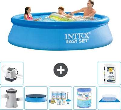 Produktbild von Intex runder aufblasbarer Easy Set-Schwimmpool – 305 x 76 cm – Blau – inklusive Pumpe Abdeckung - Wartungspaket - Filter - Bodenplane - Salzwassersystem - Poolsalz