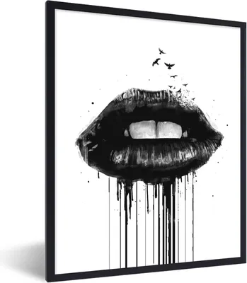 Produktbild von MuchoWow® Gerahmtes Poster Lippen - Schwarz - Vögel - Abstrakt 60x80 cm - Poster mit Schwarzem Bilderrahmen Wandposter Rahmen Foto Bilder - Premium - Wanddeko Wohnzimmer