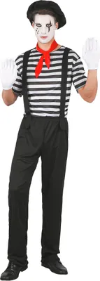 A person dressed as a mime stands against a white background.