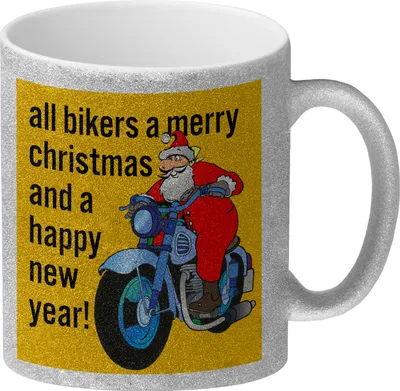 Produktbild von Weihnachten Biker Glitzer-Kaffeebecher mit Weihnachtsmann auf Motorrad in orange