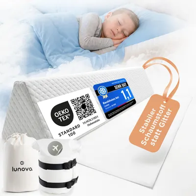 Produktbild von lunova® Rausfallschutz Bett Reise für Kinder & Baby – mobil mit Gurt & Reisetasche für Boxspringbett & Elternbett, zusammenrollbar, 150 cm