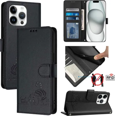 Produktbild von Leder Hülle für iPhone 13 Pro Süße Katze Flip Case Brieftasche Schutzhülle mit Standfunktion Schwarz