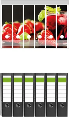 Produktbild von Wallario 6 Stück breite Ordner inkl. Klebeetiketten mit Motive Erdbeer-Mojito - Frische Erdbeeren -  Set mit Rückenschildern / Ordnerrücken Stickern