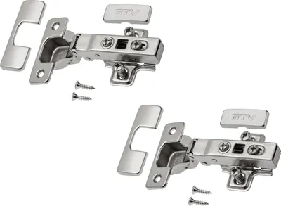 Two identical sets of cabinet hinges and mounting plates are displayed against a white background.