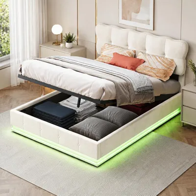Zdjęcie produktu dla Łóżko platformowe INONEFT, podwójne, 160x200 cm, z podświetleniem LED, tapicerowane, z hydraulicznym podnoszeniem i pojemnikiem na pościel, rama łóżka młodzieżowa z listwowym materacem i pojemnikiem na pościel, obita welurem, kolor beżowy