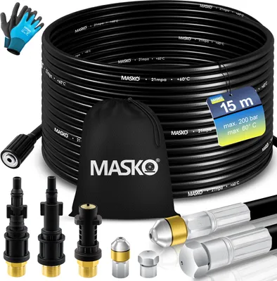 Produktbild von MASKO® Premium Rohrreinigungsschlauch Set Abflussreiniger 200 bar inkl. Tasche 3 Adapter 2 Düsen + rotierend kompatibel mit Kärcher k2-k7 LAVOR Hochdruckreiniger universal Rohrreinigungsset