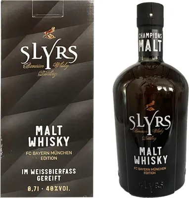 A bottle of Slyrs Malt Whisky and its packaging.