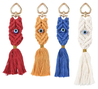 4er-Set Boho Taschenanhänger Makramee mit bösem Blick, 18,5 cm