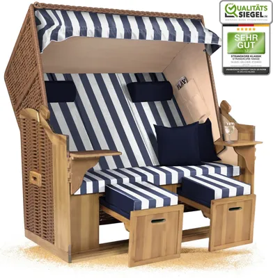 Produktbild von Strandkorb Ostsee 2,5-Sitzer 150cm breit in Beige Blau Weiß Blockstreifen Montiert ideal für Balkon, Terrasse oder Garten