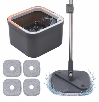 Produktbild von Relaxdays Wischmopp Set, 6 l Eimer mit Frischwassertank, HBT 18,5x31x31 cm, 4x quadratische Mikrofaser-Moppköpfe, grau