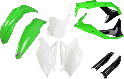 Obrázek produktu pro Sada krytů UFO PLAST, 9dílná sada plastových krytů s ochranou vidlice pro Kawasaki KX F 250 ccm, modelové roky 2018–2020, barva: bílá / černá / zelená