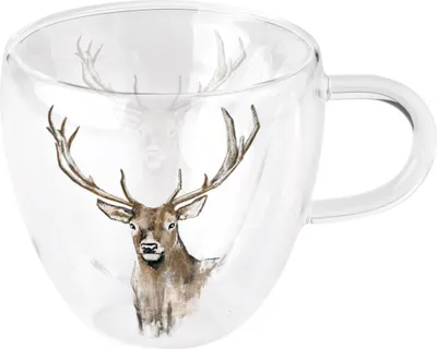 Doppelwandige Glastasse 200ml mit Henkel und Hirschmotiv