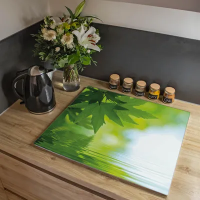 Produktbild von banjado Herdabdeckplatte einteilig 60x52cm groß mit Gummi Abstandshalter, ESG Sicherheitsglas mit Motiv Blättertraum [HAP1 10106]