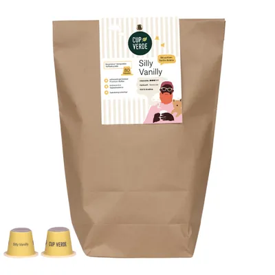 Produktbild von CUP VERDE – 80 Vanille Kaffeekapseln - kompatibel mit Nespresso* - SILLY VANILLY mit sanftem Vanille Aroma - Kapseln für Hauskompost – vegan