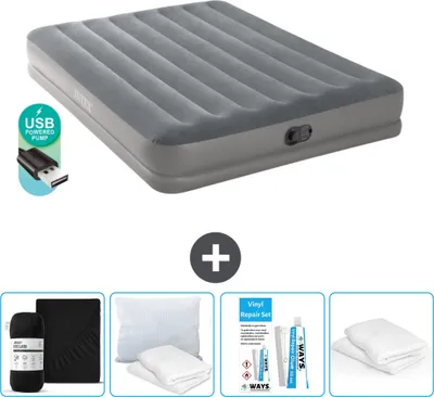 Produktbild von Intex Luftbett - 2 Personen - 152 x 203 x 30 cm - Grau - Inklusive Pumpe - Spannbettuch - Küssen - Reperaturset en Kissenschutz