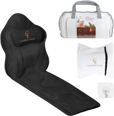 Produktbild von Badewannenkissen Ganzkörper Badekissen (126x41cm) - Badewannenmatte mit Kopfstütze (13cm) unterstützt Nacken, Rücken und Beine - Mit Wasch- und Reisebeutel und einem Hängehaken für Trocknen - Schwarz