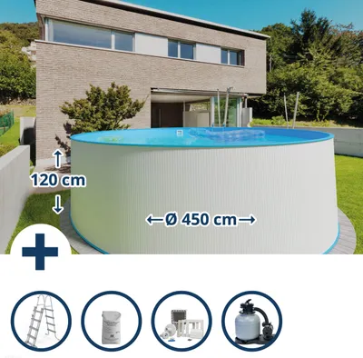 Produktbild von Stahlwandpool Set (5-teilig) hoch rund 450 x 120 cm, Stahl 0,4 mm weiß Folie 0,4 mm blau