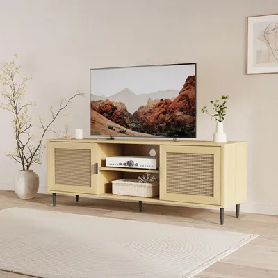 Image de Meuble TV « Lukhomso » avec 2 portes 152 x 40 x 54 cm aspect chêne / aspect rotin