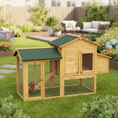 A wooden chicken coop with a green roof sits on a grassy lawn in a backyard setting. There are flowers and outdoor furniture in the background.