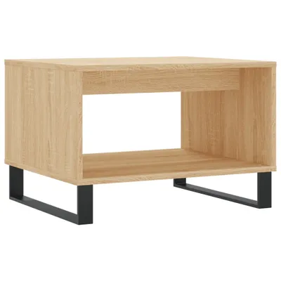 A wooden coffee table with black metal legs, shown from the front on a white background.