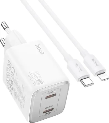Produktbild von Hoco N42 GaN 45W + USB-C iPhone iPad iPod Kabel QC 3.0 Schnell Ladegerät Netzstecker Quick Charge Netzteil Weiss