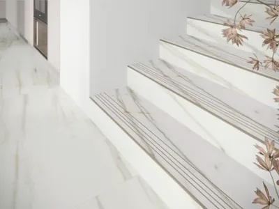 Produktbild von MIRAVA Feinsteinzeug Treppenstufe LUCCA Bianco gold matt 29,5 x 120 x 0,9 cm rektifiziert