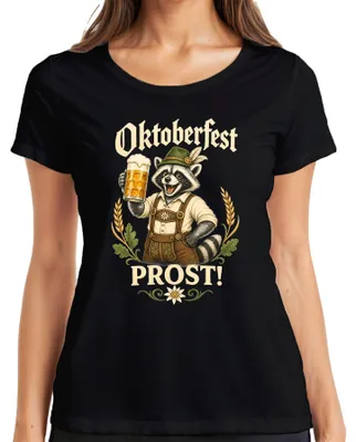 Productafbeelding van , PROST, wasbeerprint, lederen broek, bierkan, dirndl, Wiesn, dames T-shirt, zwart, maat L