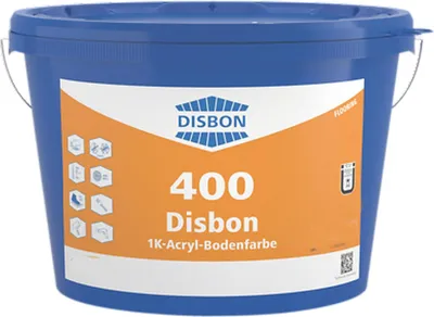 A blue plastic bucket of Disbon 400 1K-Acryl-Bodenfarbe.