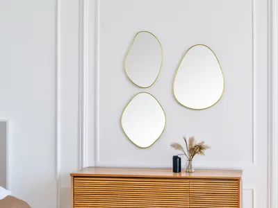 Produktbild von Ausgefallene Wandspiegel 3er Set im Flur, Wohnzimmer Kaminspiegel Rahmen Gold