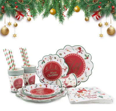 Weihnachts-Papiergeschirr-Set, 60-teilig, bunt, für 10 Personen