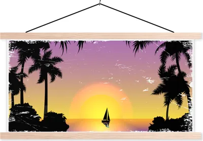Produktbild von MuchoWow® Textilposter Boot - Palme - Meer - Zeichnung 120x60 cm mit holzfarbenen Rahmen - Klemmleiste