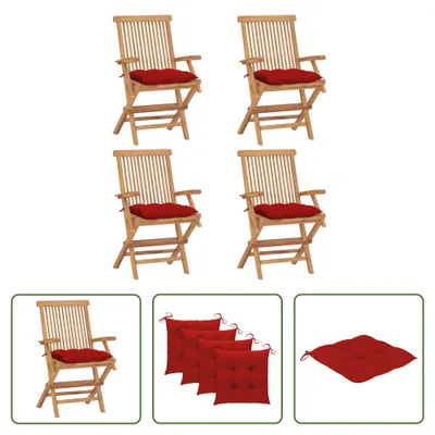 Produktbild von The Living Store Gartenstühle mit Roten Kissen 4 Stk. Massivholz Teak