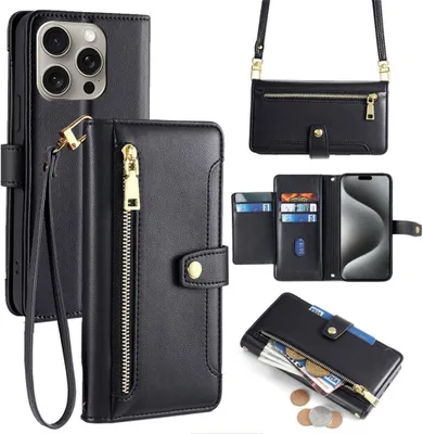 Produktbild von Handykette iPhone Hülle mit Band Handyhülle Kartenfächer Kunstleder Umhängetasche iPhone 15 Pro Max Schwarz