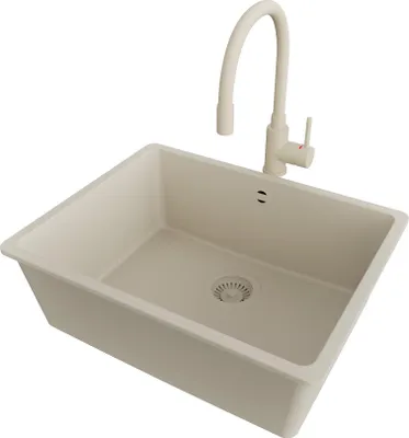 Produktbild von PRIMAGRAN Unterbauspüle Granit Beige 56x44cm, Spülbecken 1 Becken + Küchenarmatur 38x14cm + Ablauf-Set, Granitspüle ab 60er Unterschrank - Venedig Easy
