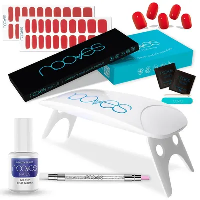 Produktbild von Nooves Premium rote Gel-Nagelstrips – 8 Stück – Maniküre-Set mit LED-UV-Lampe