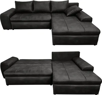 Produktbild von Ecksofa Vintage Schlafsofa Eckcouch L-Sofa mit Ottomane u. Bettkasten in Schwarz / 18013