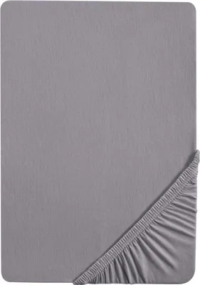 A close-up, flat lay image of a grey fitted sheet, showing the elasticized corner.