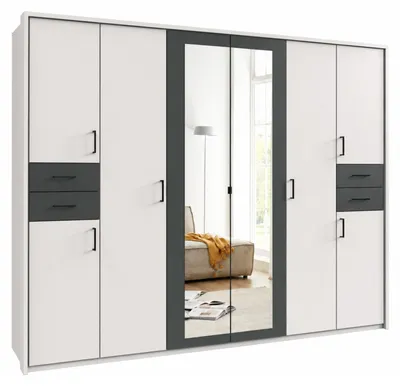 Produktbild von Drehtürenschrank Kleiderschrank 273cm Passepartout Spiegel Weiß, Griffe schwarz / 22578