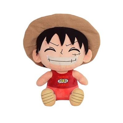 A plush toy of the character Ruffy from One Piece, sitting and facing forward.
