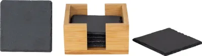 Produktbild von Schiefer Untersetzer Set (6 Stück) inkl. Holzbox – Dekorative Untersetzer aus 100% Natur Schieferplatten 10x10 cm Materialstärke 4-6 mm