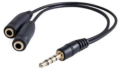 Immagine prodotto di Riduzione audio, Jack (3,5 mm) M a 4 pin - 2x Jack (3,5 mm) F, 0,2 m, stereo, nero, logo in blister
